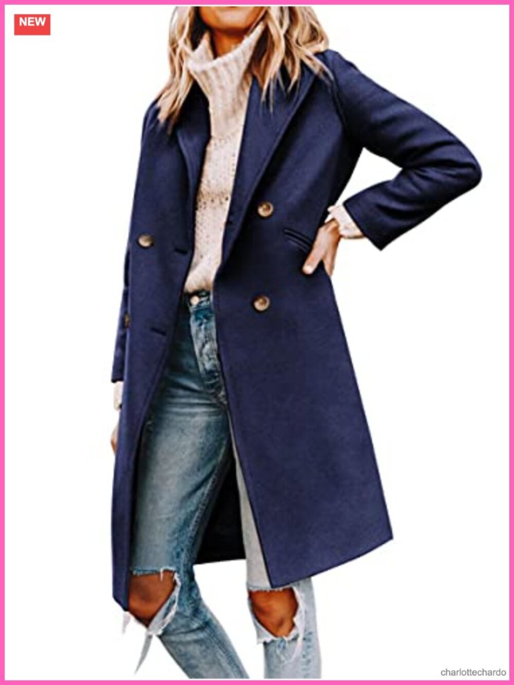 Women's Notched Lapel Double Breasted Pea Coat Mid Long
